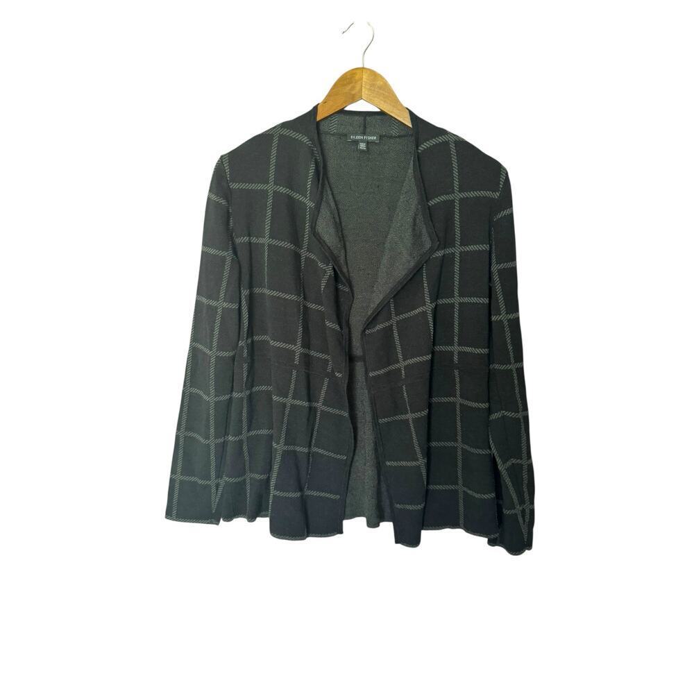 Eileen Fisher XS Open Front Cardigan Jacket black gray Windowpane Check Linen bl